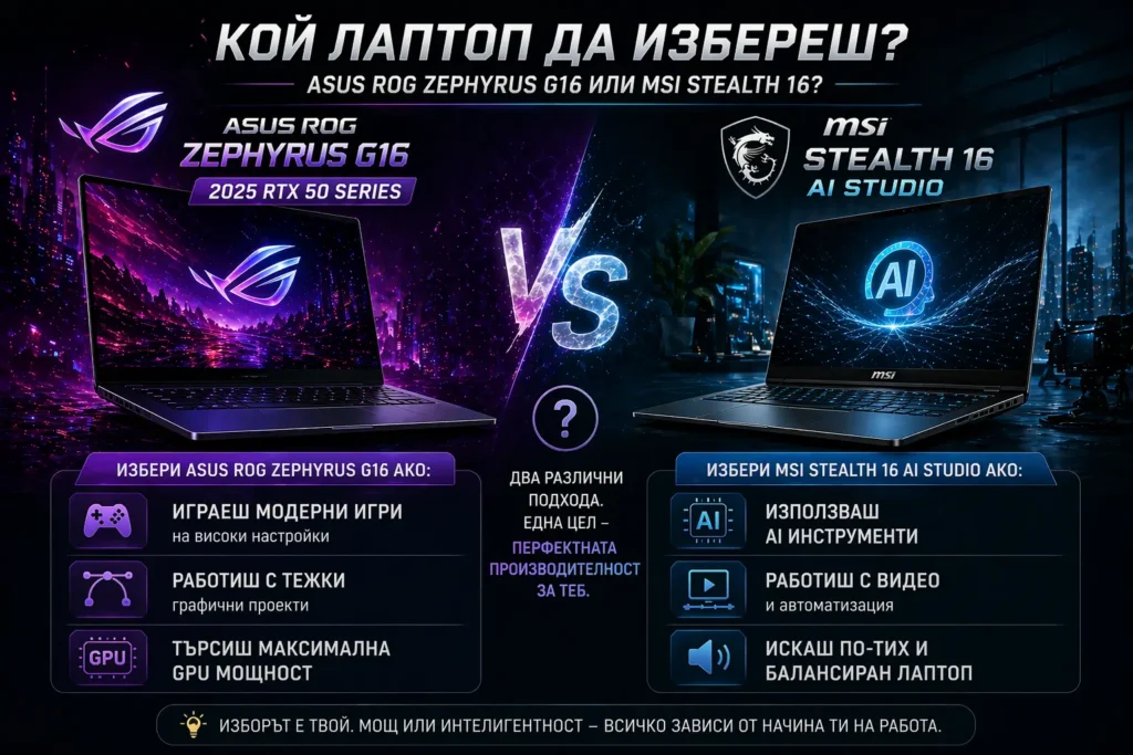 Кой лаптоп да избереш - ASUS ROG Zephyrus G16 или MSI Stealth 16 AI Studio