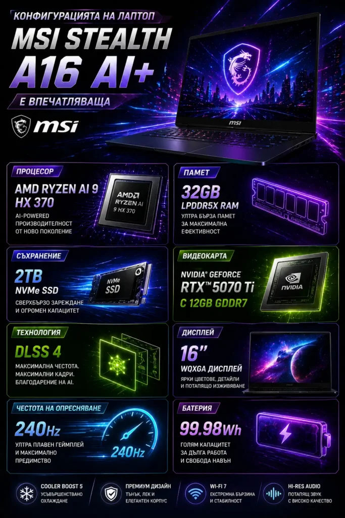 Конфигурацията на лаптоп MSI Stealth A16 AI+ е впечатляваща