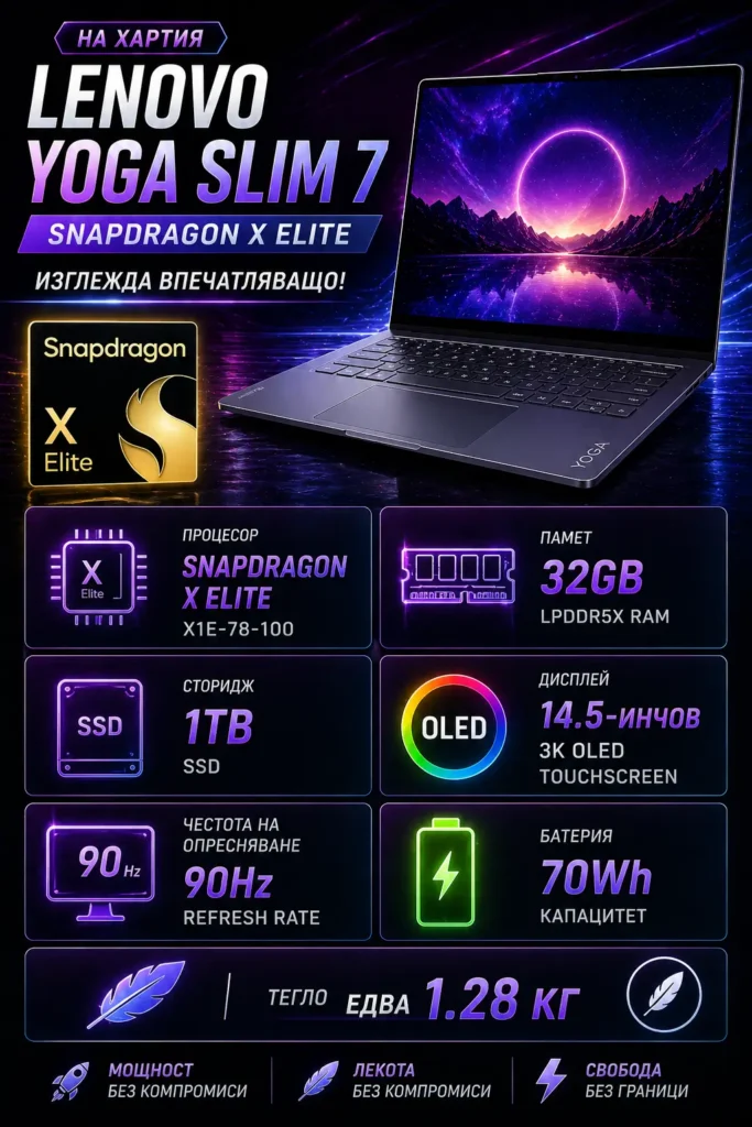 На хартия Lenovo Yoga Slim 7 Snapdragon X Elite изглежда впечатляващо