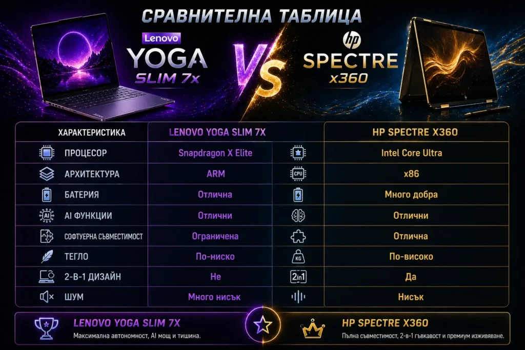 Сравнителна таблица между Lenovo Yoga Slim 7x и HP Spectre x360