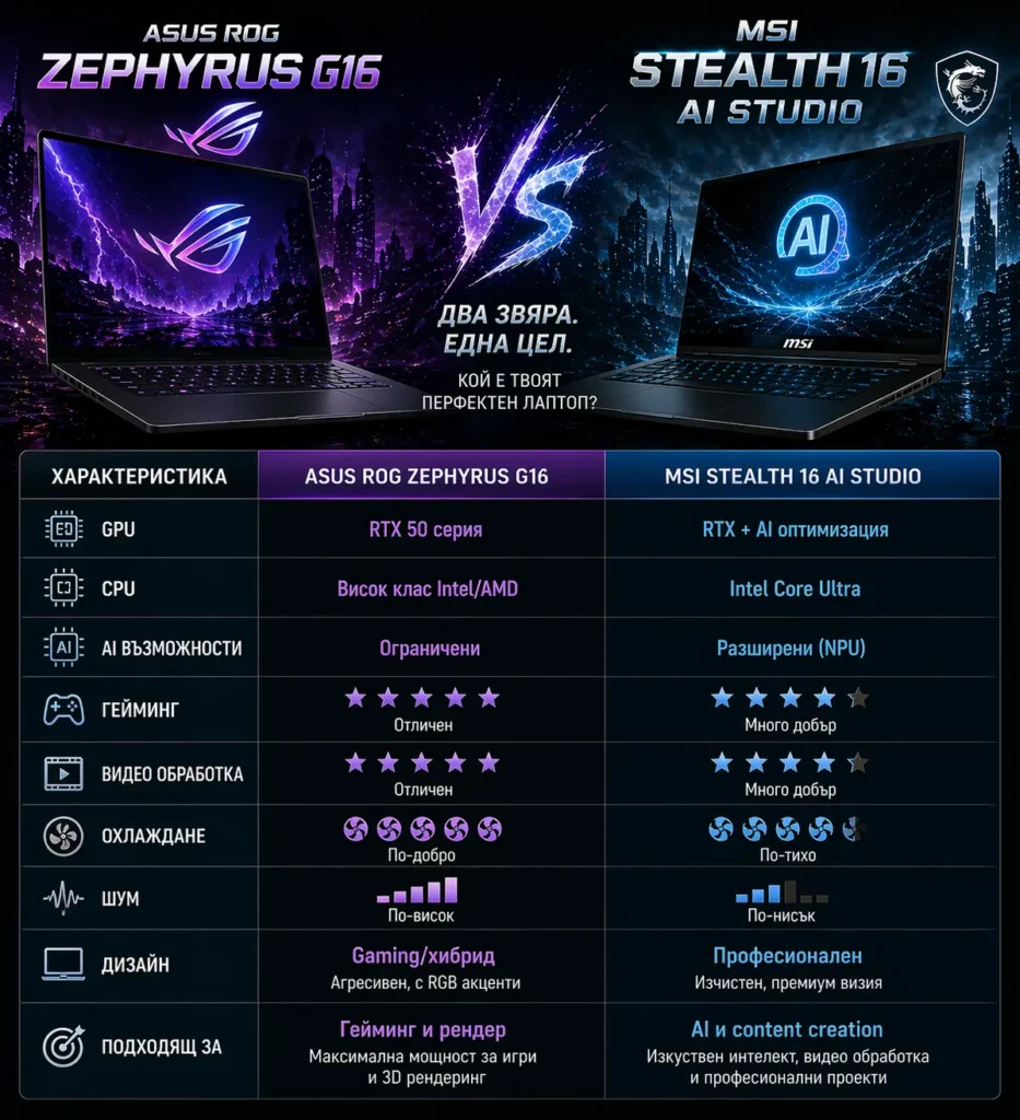 ASUS ROG Zephyrus G16 vs. MSI Stealth 16 2026 - бързо сравнение