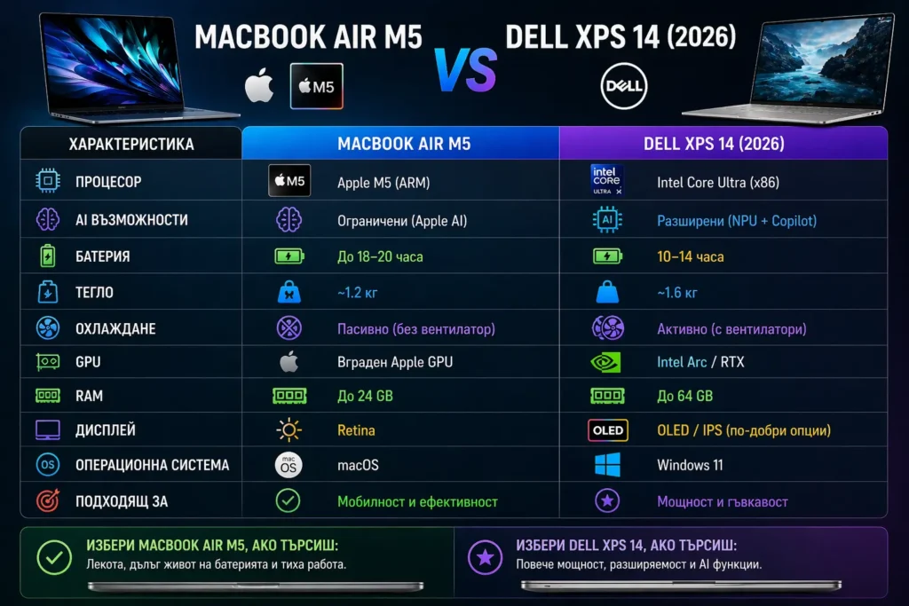 MacBook Air 13 M5 vs Dell XPS 14 (Intel Core Ultra 2026) – Бързо сравнение