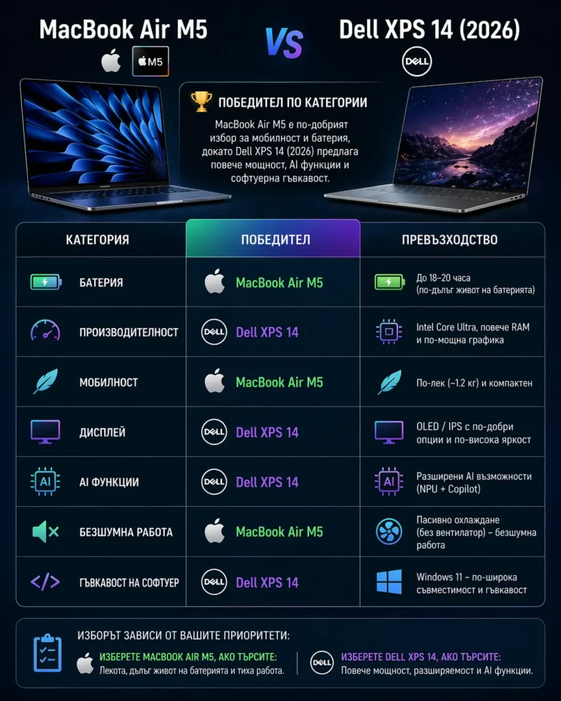 MacBook Air M5 е по-добрият избор за мобилност и батерия, докато Dell XPS 14 (2026) предлага повече мощност, AI функции и софтуерна гъвкавост