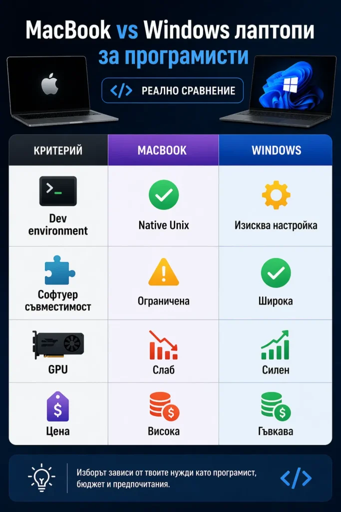 MacBook vs Windows лаптопи за програмисти (реално сравнение)
